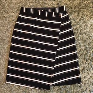 ZARA Basic Medium Black and White striped faux wrap Midi Skirt Side Zip